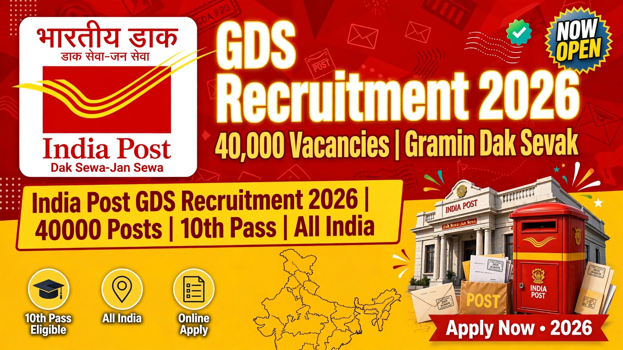 India Post GDS Recruitment 2026: 40000 Gramin Dak Sevak Vacancies for 10th Pass All India, Apply Online
