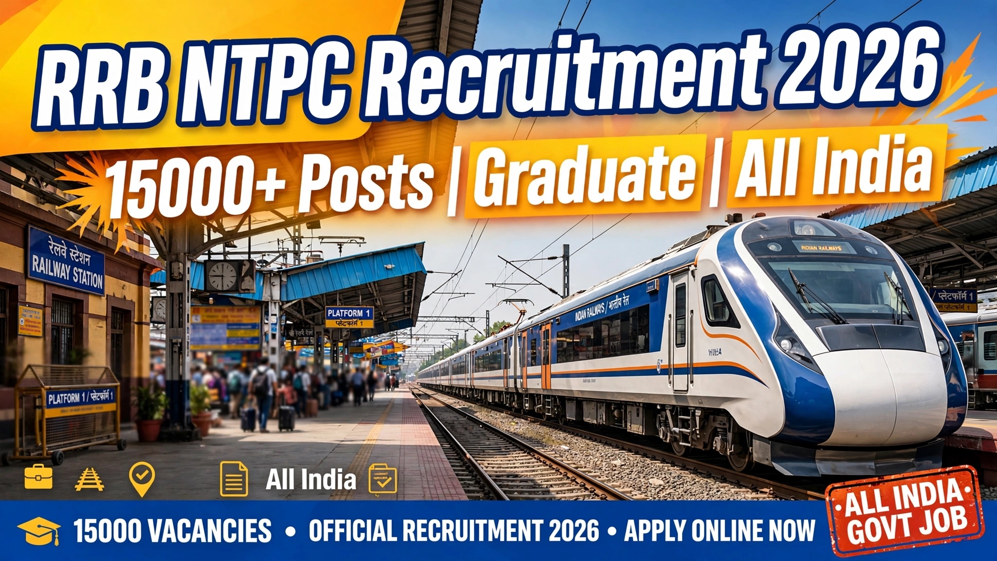 RRB NTPC Recruitment 2026: 15000+ Vacancies for Graduate and 12th Pass All India, Apply Online