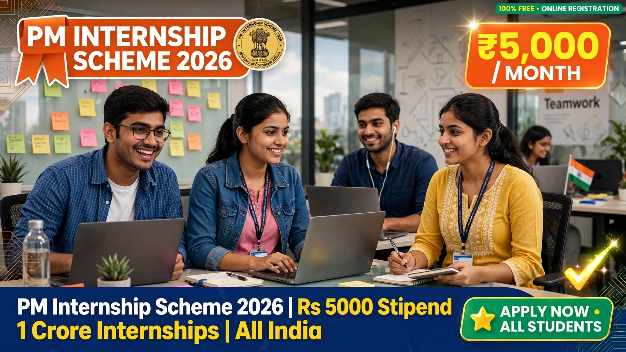 PM Internship Scheme 2026: Rs 5000 Per Month Stipend + Rs 6000 Grant, 1 Crore Internships All India