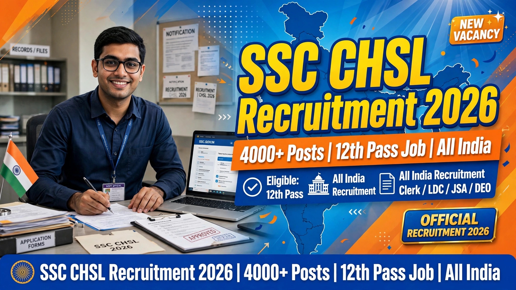SSC CHSL Recruitment 2026: 4000+ LDC, JSA, DEO Posts for 12th Pass All India, Apply Online