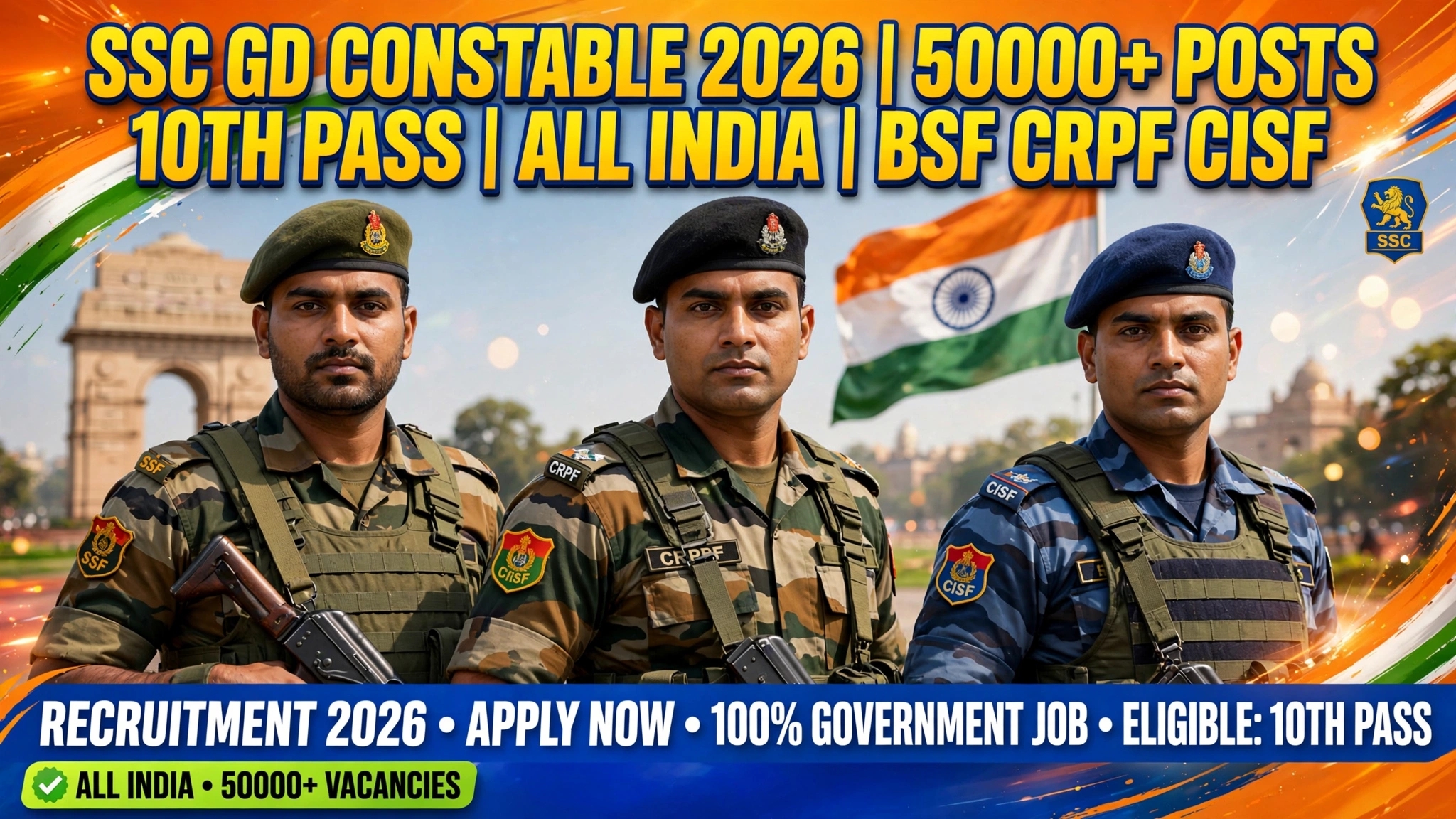 SSC GD Constable Recruitment 2026: 50000+ BSF, CRPF, CISF, ITBP Posts for 10th Pass All India