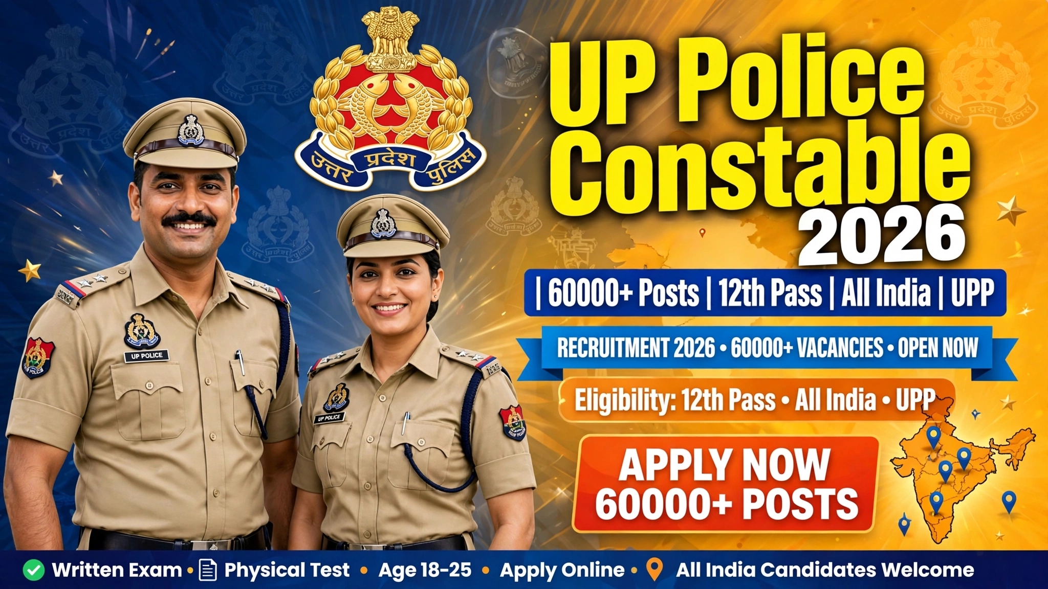 UP Police Constable Recruitment 2026: 60000+ Posts for 12th Pass All India, Apply Online