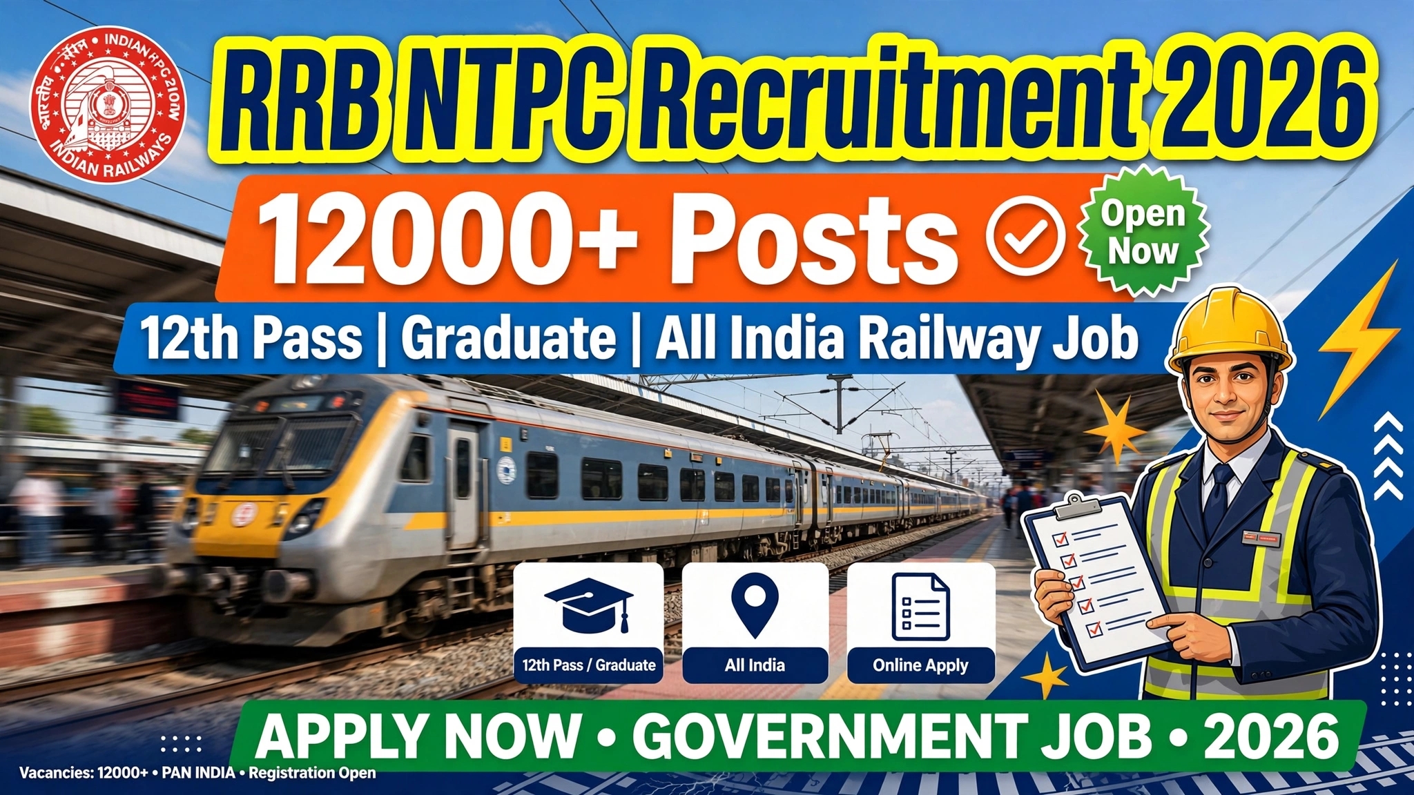 RRB NTPC Recruitment 2026: 12000+ Clerk, Station Master Posts for 12th Pass, Graduate All India